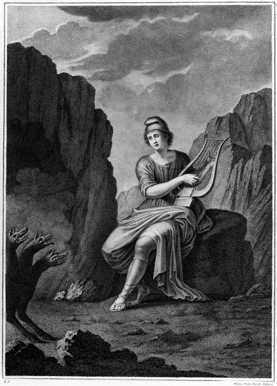 Orfeus ved inngangen til underverdenen møter Cerberus. Litografi. 1800-tallet av Unknown artist