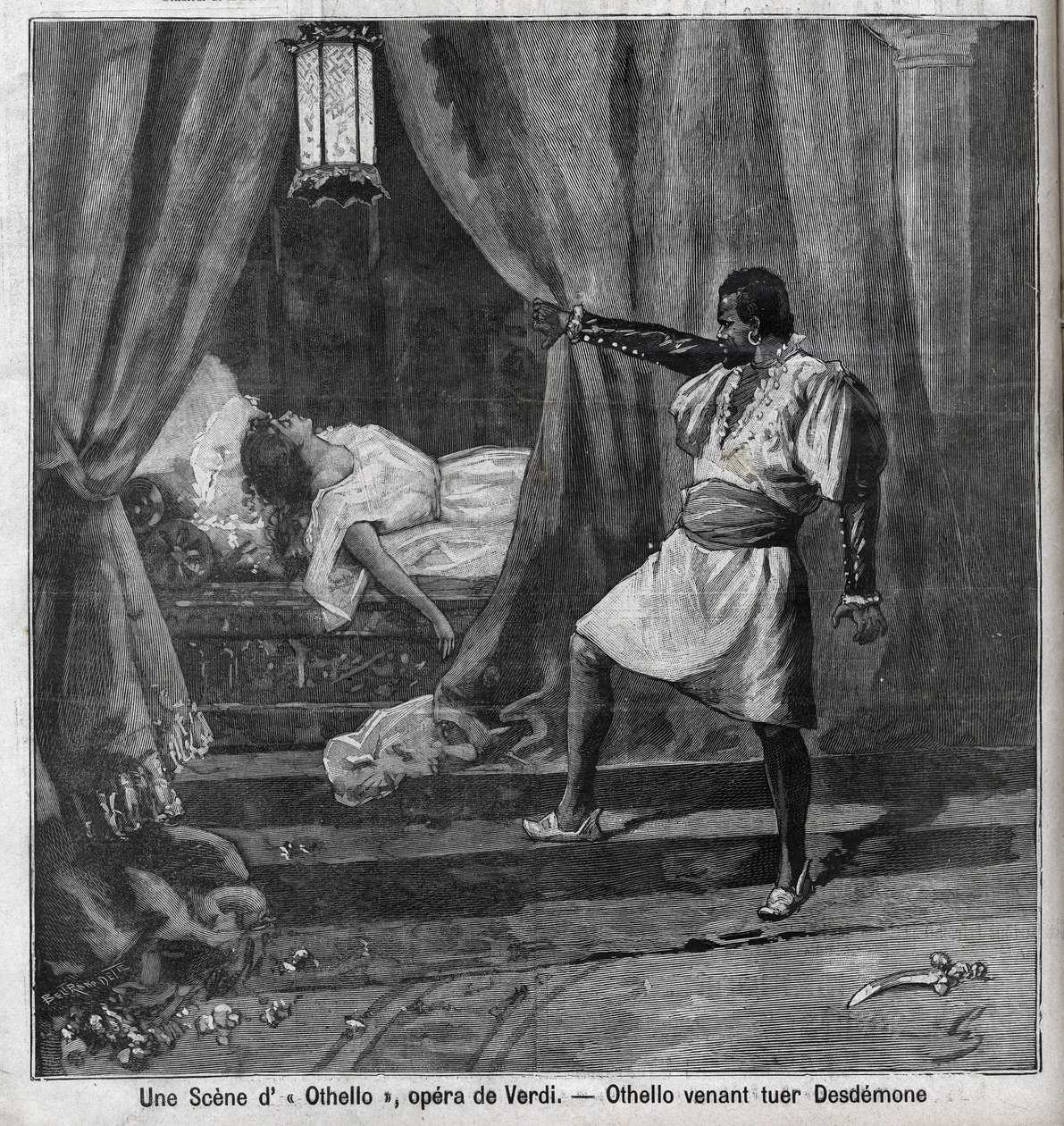 Othello drepte nettopp Desdemona i sengen hans. Scene fra operaen "" Othello"" av Giuseppe Verdi (1813-1901) Gravering i "" Le Parisien"" av Unknown artist