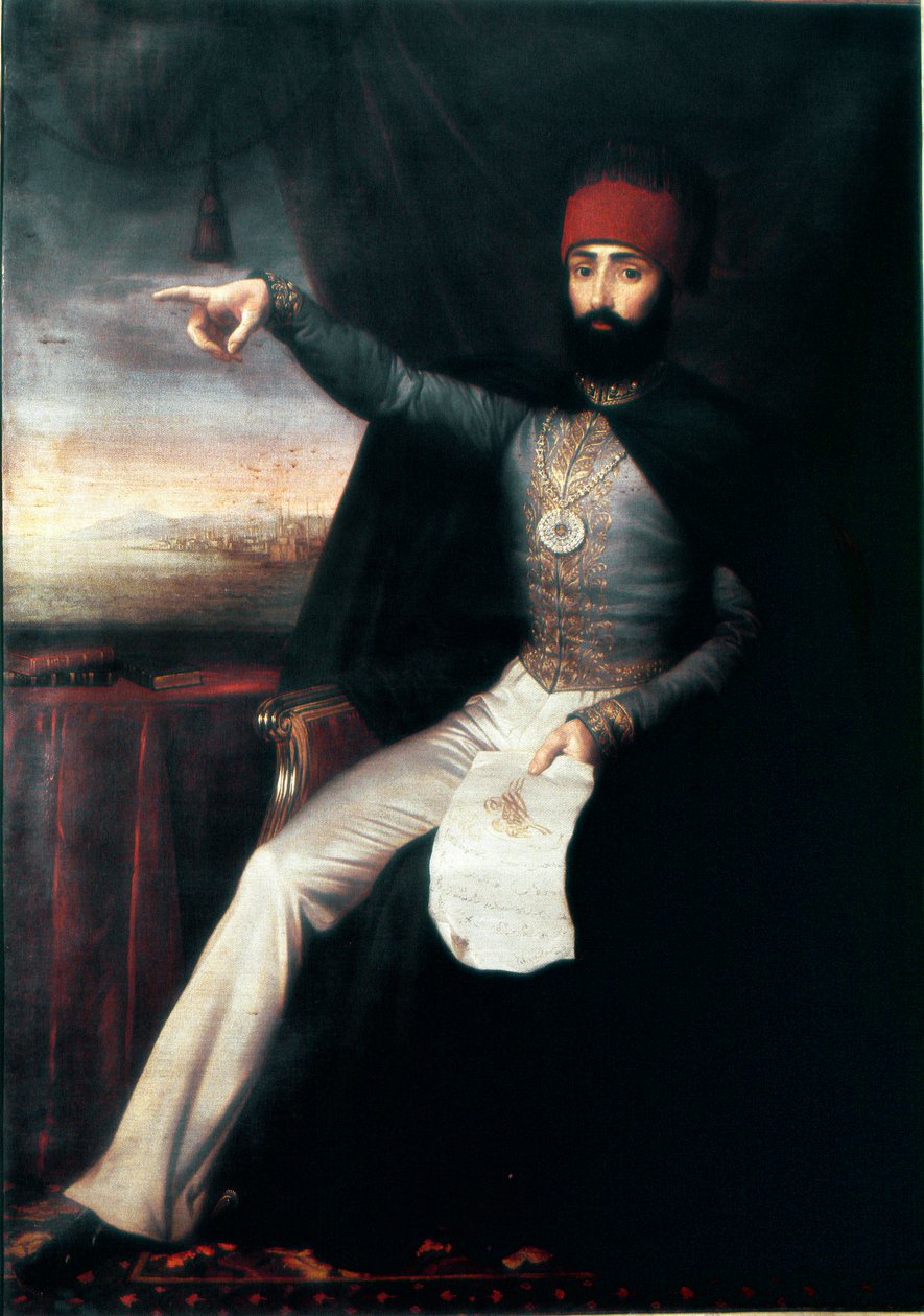 Det osmanske riket: Portrett av Sultan Mahmud II (1784-1839)”” Det er representativt å peke fingeren for å indikere ordren om å slakte janitsjarordenen. Anonymt oljemaleri. 1808-1839 Istanbul, Topkapi Sarayi-museet, Tyrkia av Unknown artist