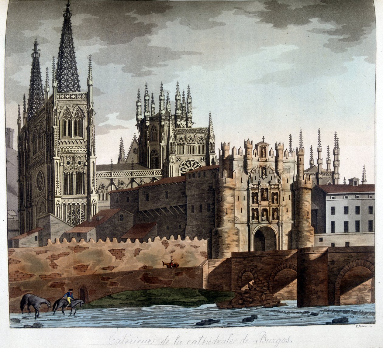 Utenfor den gotiske katedralen Saint Mary i Burgos i Spania. Litografi fra 1800-tallet. av Unknown artist