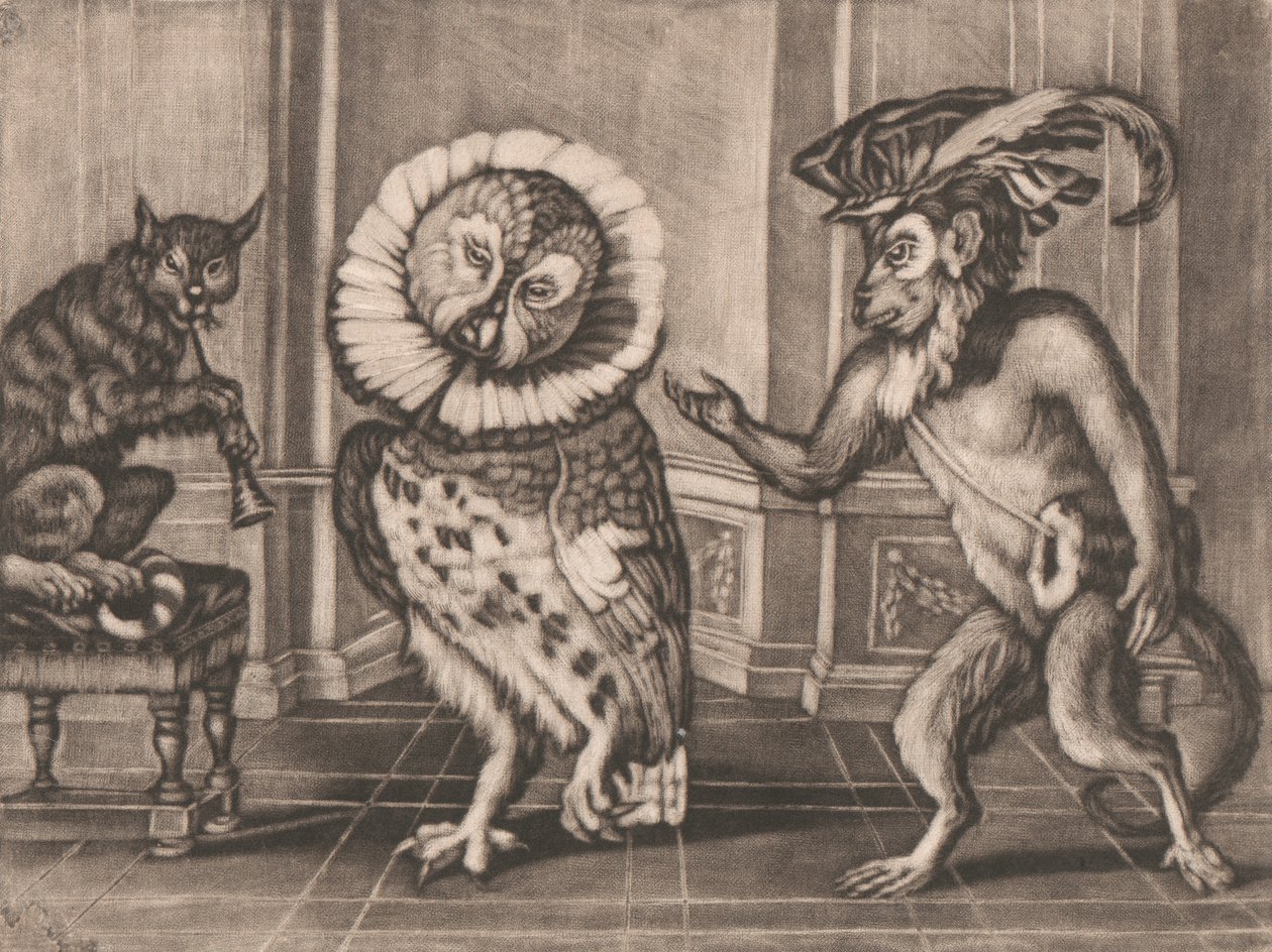 Owl, Monkey and Cat fra Mezzotintoes av Smith, Vol. III av Unknown artist