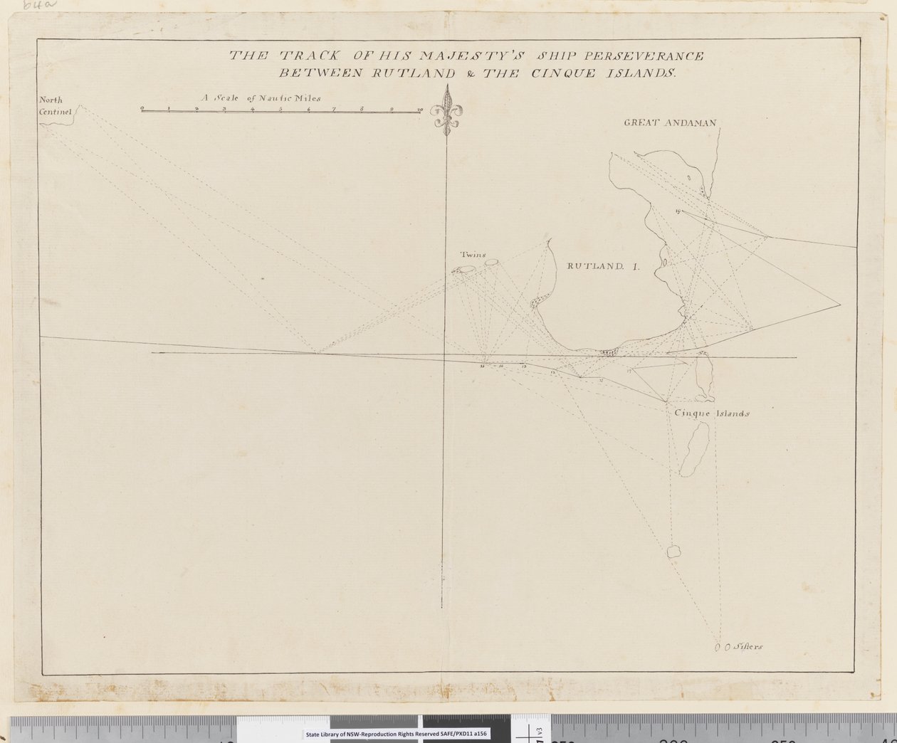 Side 38b Sporet til Hans Majestets skip Utholdenhet mellom Rutland og Cinque-øyene (penn og blekk) av Unknown artist