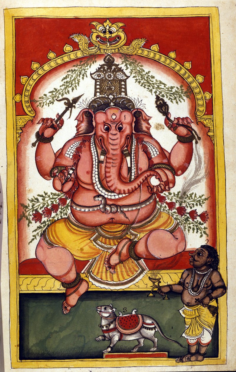 Side som viser den hinduistiske guddommen Ganesha (Ganesh eller Ganapati), beskytter av handelsmenn, reisende og tyver. Side hentet fra manuskriptet (ms.8300) "" History of Mogol"" (Moghul eller Moghol) av Stefano Nivibus Cardeira. 18. århundre. Bibloteca  av Unknown artist