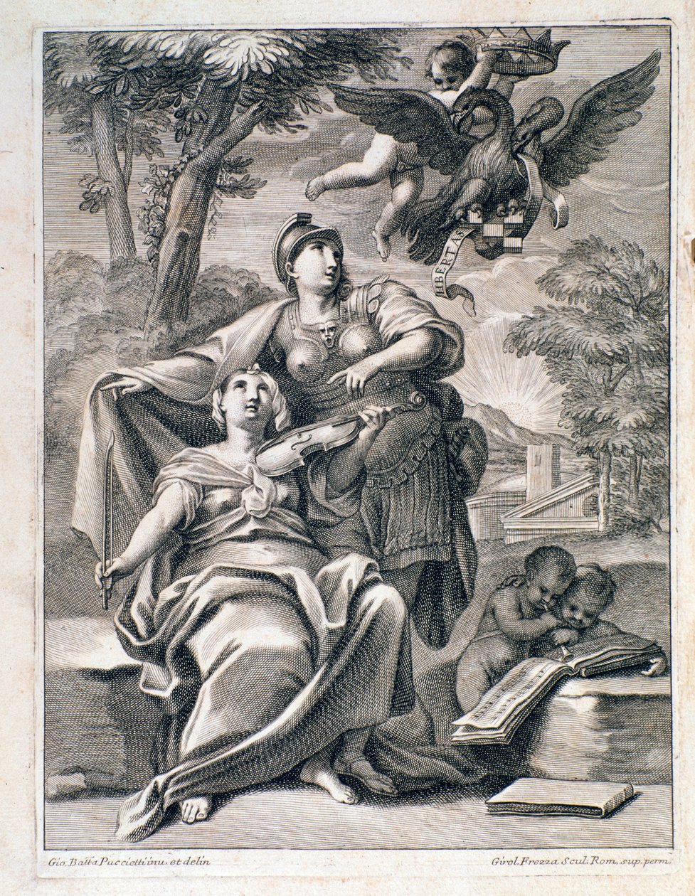 Side av frontispice av partituret til "" Opus 1 "" (12 store konserter) av Pietro Locatelli (1695-1764) - Noter til "" 12 grossos konserter "av Locatelli 1721 Bologna, borgerlig musikkmuseum av Unknown artist