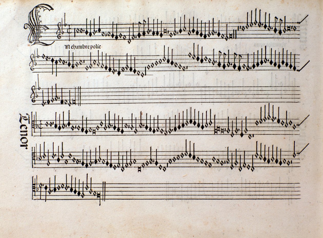 Side med musikalsk partitur av Harmonice Musices Odhecaton av Ottaviano Petrucci (1501) av Unknown artist