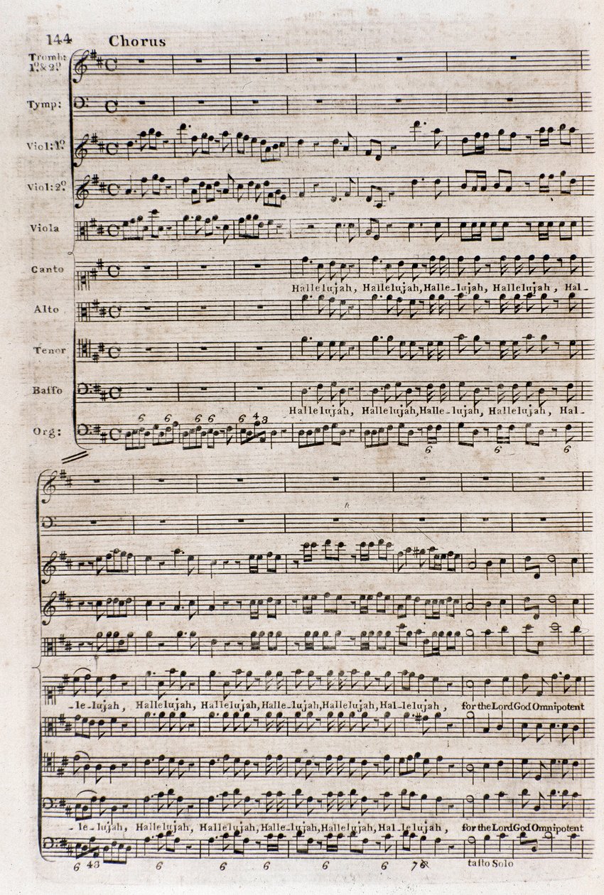 Side med partituret til refrenget "" Hallelujah"" i "The messiah"" (The messiah) av den naturaliserte engelske tyske komponisten George Frederick Handel (Georg Friedrich Handel) av Unknown artist