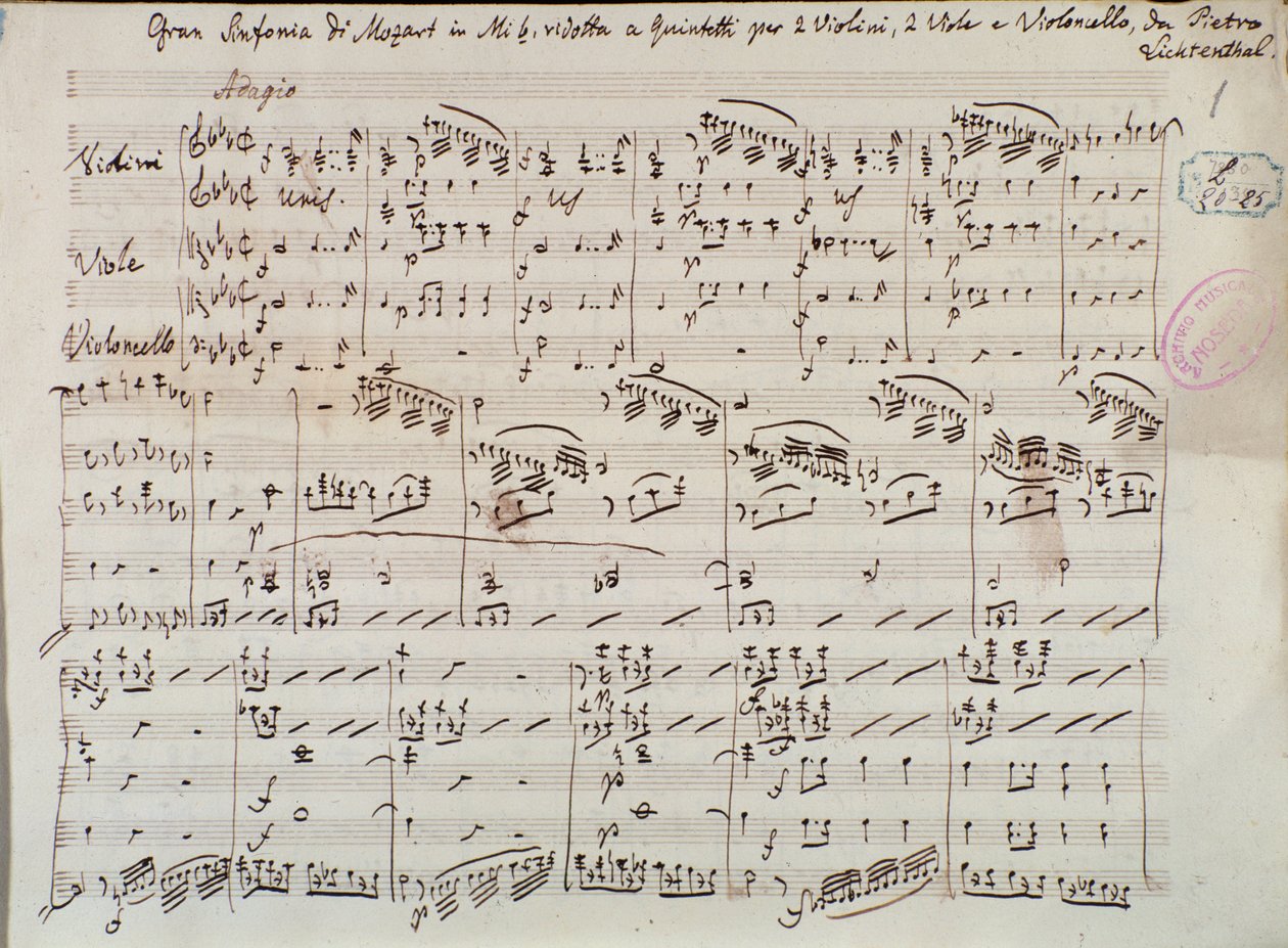 Side med notene til Symphony concertante for fiolin og bratsj i Es, av Mozart, Lichtenthal-versjon av Unknown artist
