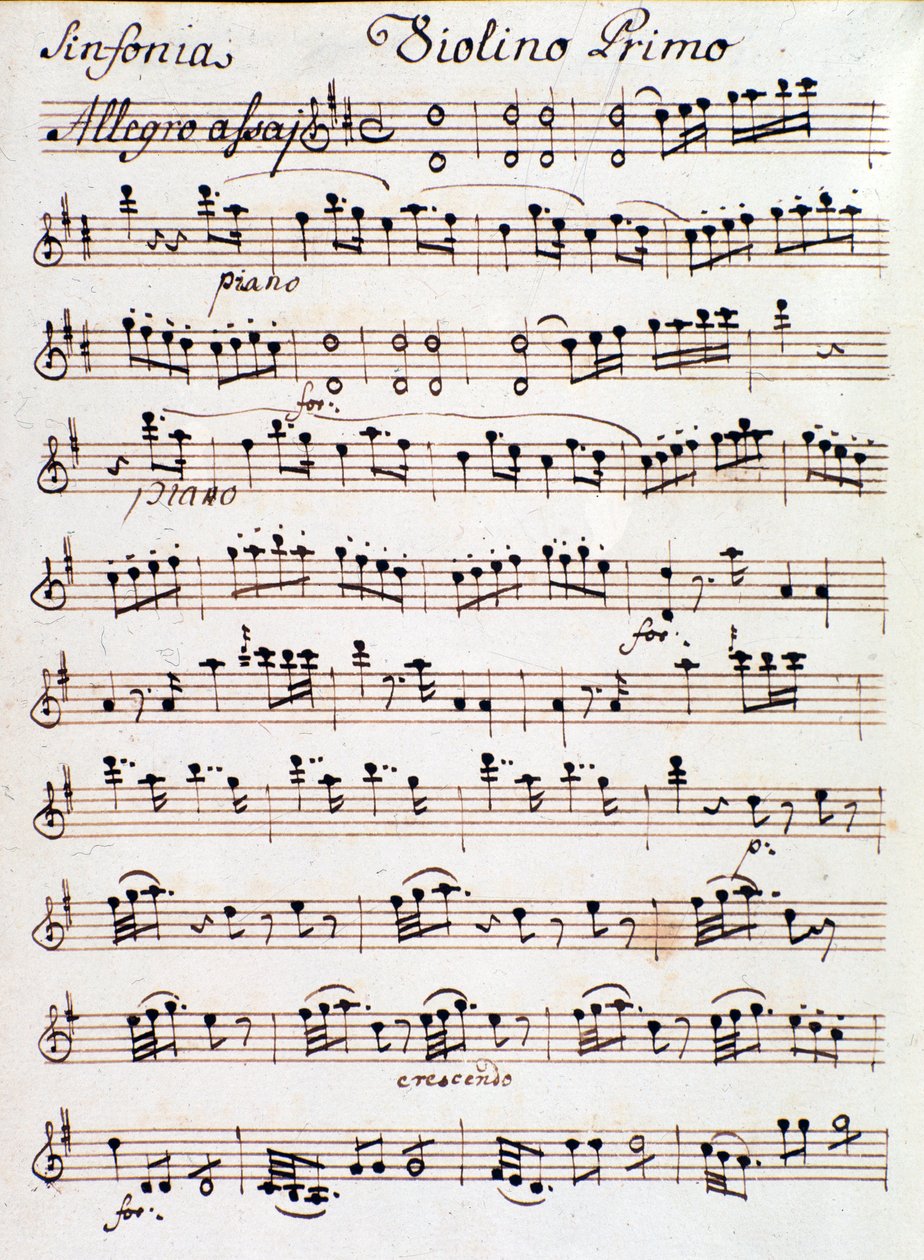 Side av notene for den første fiolinen til symfoni nr. 4 i D, av Mozart (1765) av Unknown artist