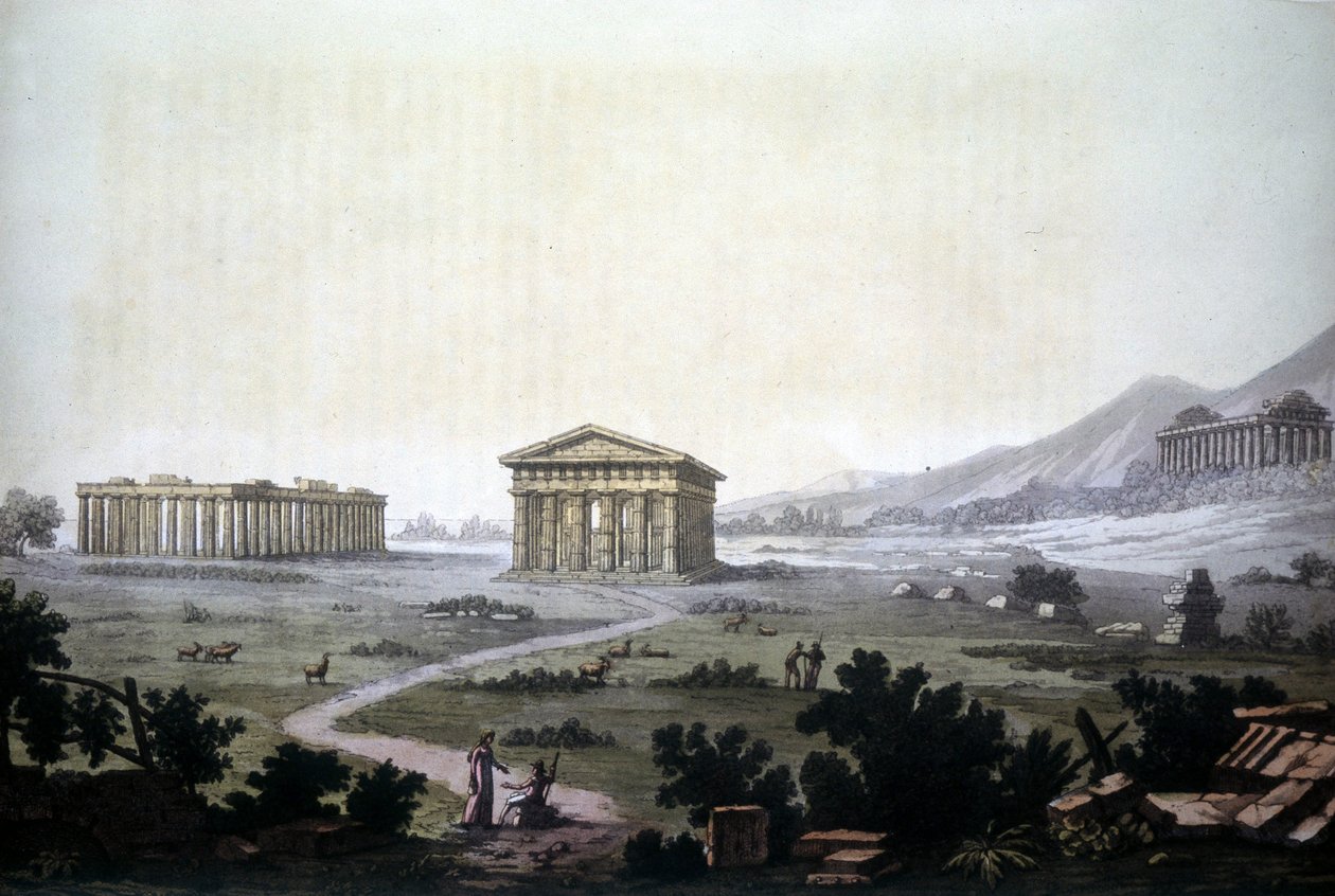 Maleri som viser templene til Paestum, nåværende Capaccio. av Unknown artist
