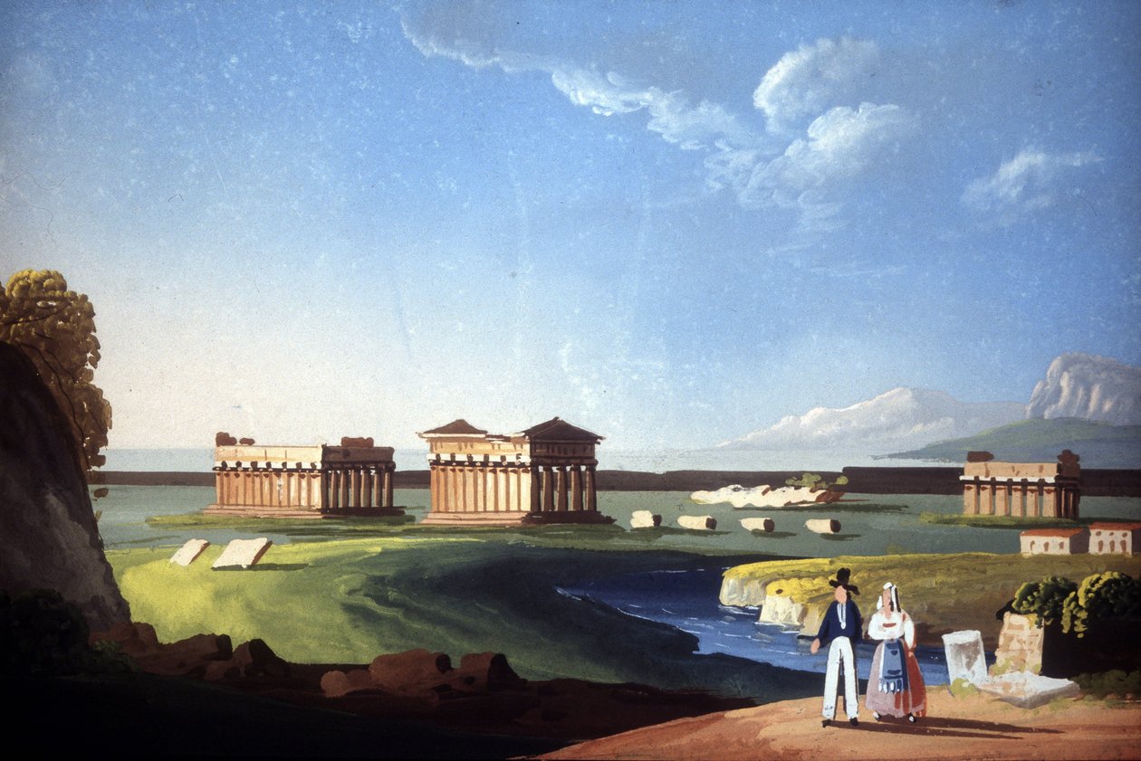 Maleri som viser templene til Paestum, nåværende Capaccio. av Unknown artist
