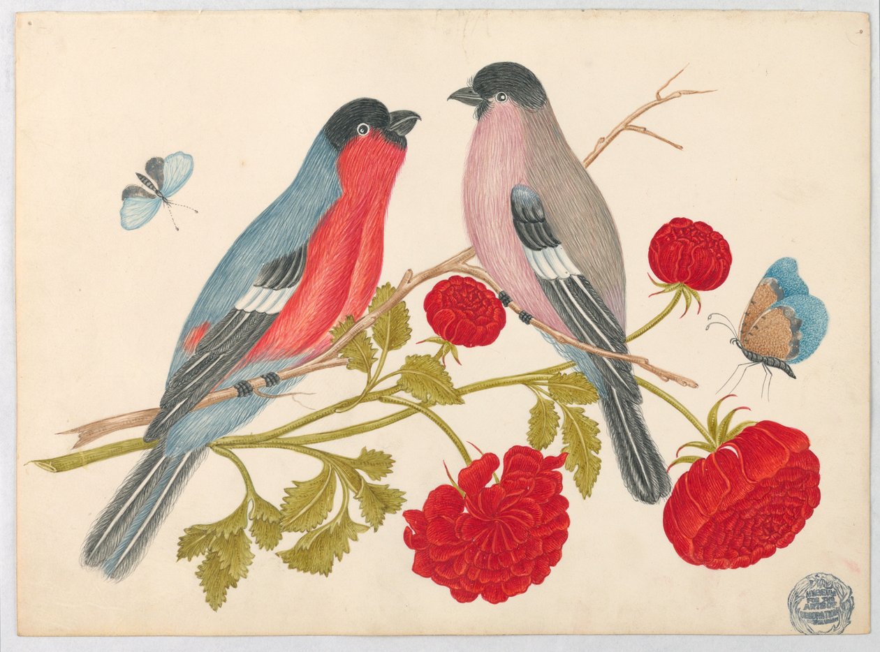 Fuglepar på gren med roser og sommerfugler av Unknown artist