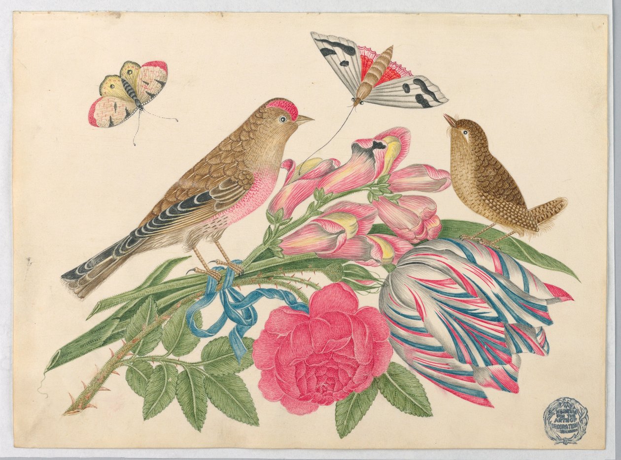 Pereche de păsări maro pe buchet cu lalele, trandafir și muci, cu fluturi norvegian av Unknown artist