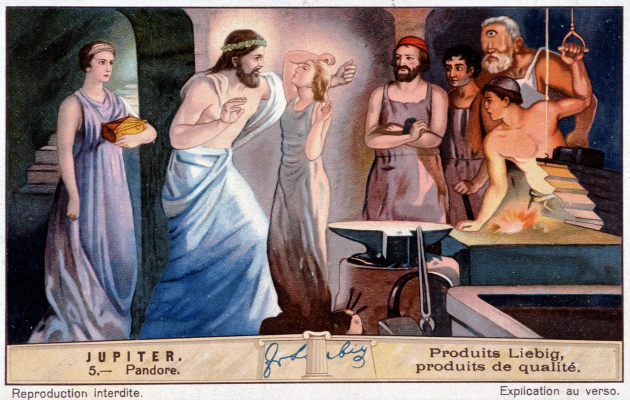 Pandora, den første kvinnen, skapt på rekkefølgen til Jupiter - Liebig-kromolitografi av Unknown artist