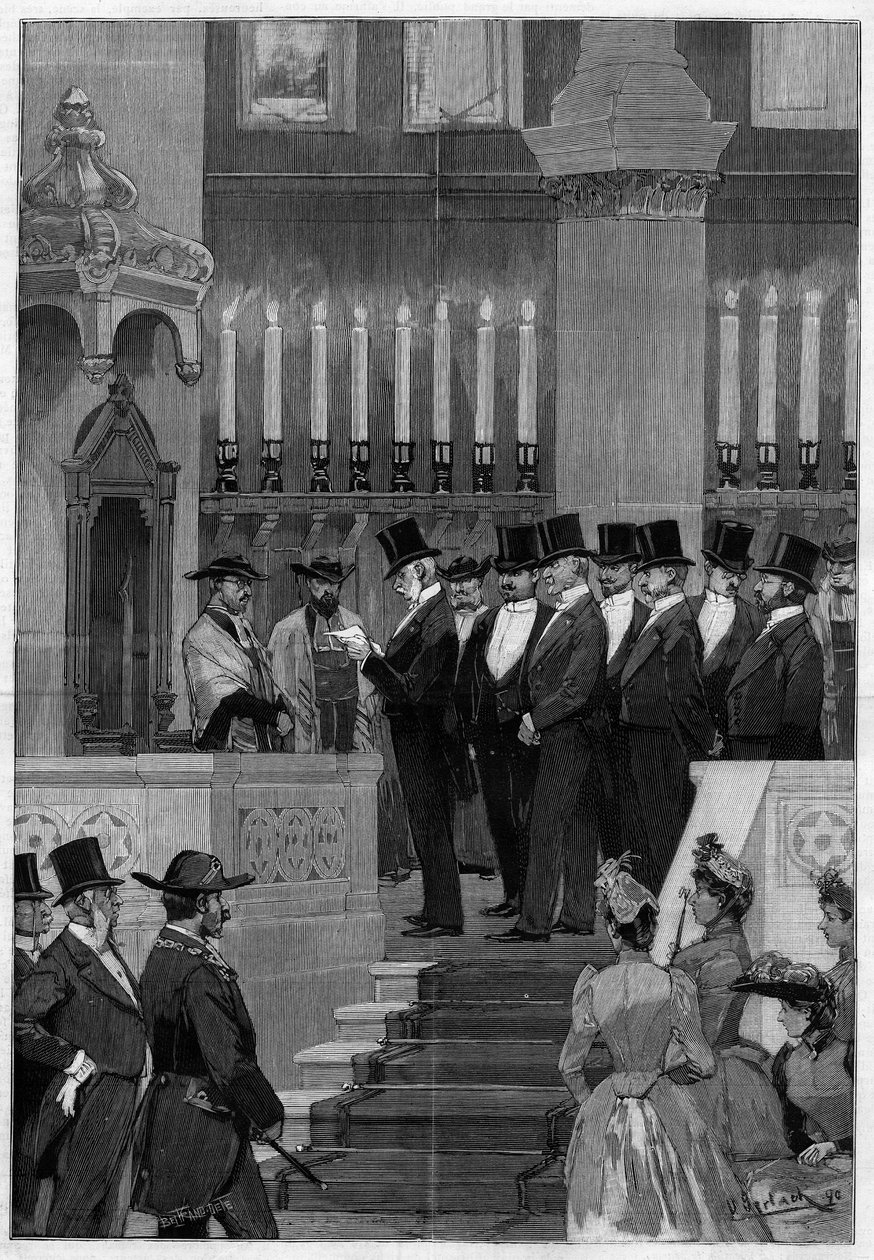 Paris 1890: Installasjon av Zadoc Kahn (Zadoc-Kahn) (1839-1905) stor rabbiner i Frankrike. Monsieur Alphonse de Rothschild (1827 -1905) leser nominasjonsrekkefølgen. av Unknown artist