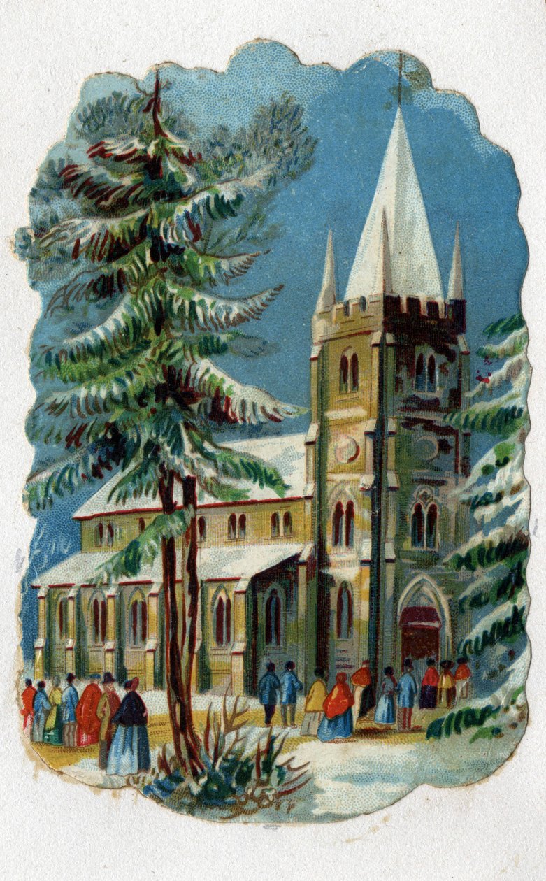 Menighetsmedlemmer som går til en kirke for søndagsmesse. Kromolitografi rundt 1890. av Unknown artist