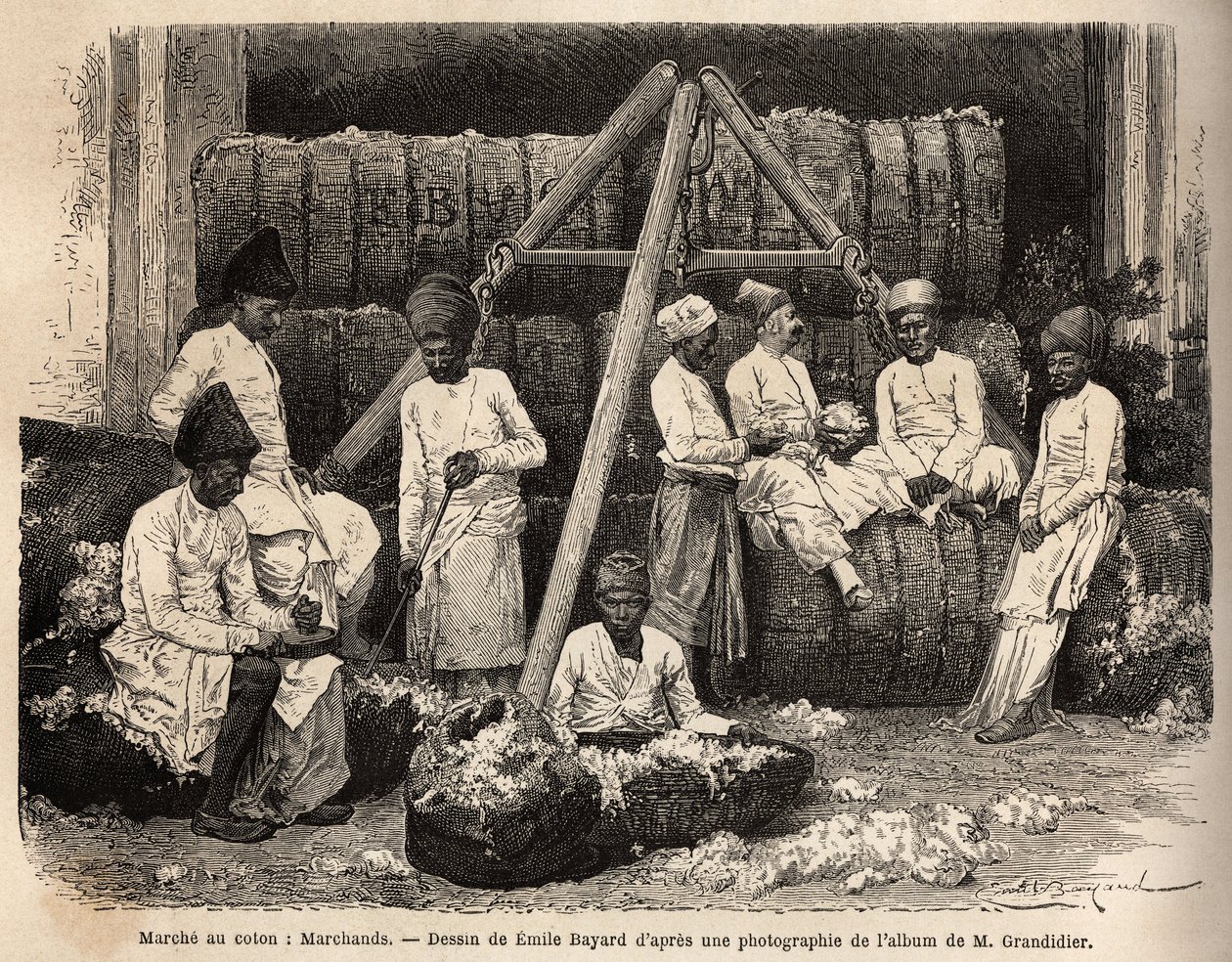 Parsi-forhandlere og -kjøpmenn på bomullsmarkedet i Bombay. Gravering for å illustrere reisen i meridionalprovinsene i India, av Alfred Grandidier, i 1862-1864, publisert i "" Le tour du monde""" 1869, redigert av Edouard Charton, utgave Hachette, Par av Unknown artist