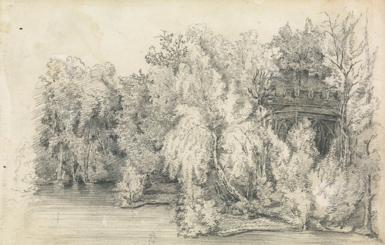 En del av en bygning omgitt av en skog av Unknown artist