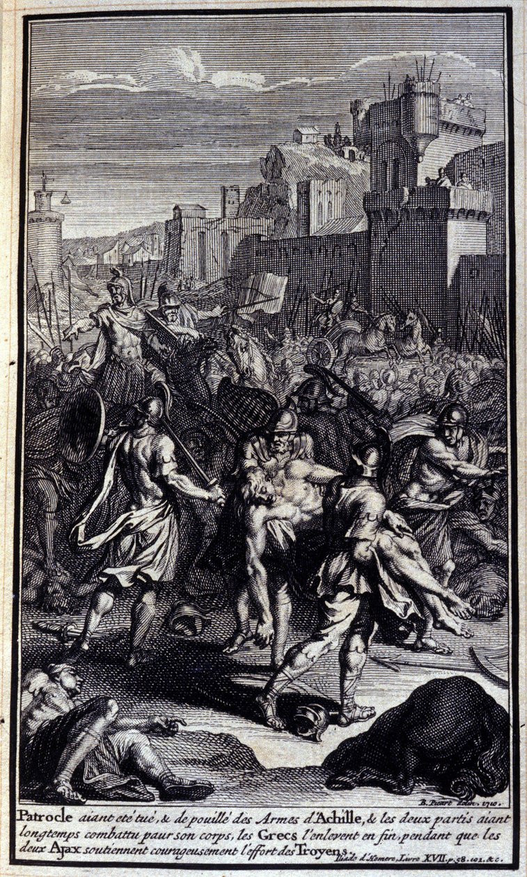 Etter at Patrocle ble drept og fratatt Achilles sine våpen, og de to partene lenge hadde kjempet for kroppen hans, tok grekerne den til slutt bort mens de to Ajaxene modig støttet trojanernes innsats; Illustrasjon av bok XVII av Iliaden av av Unknown artist
