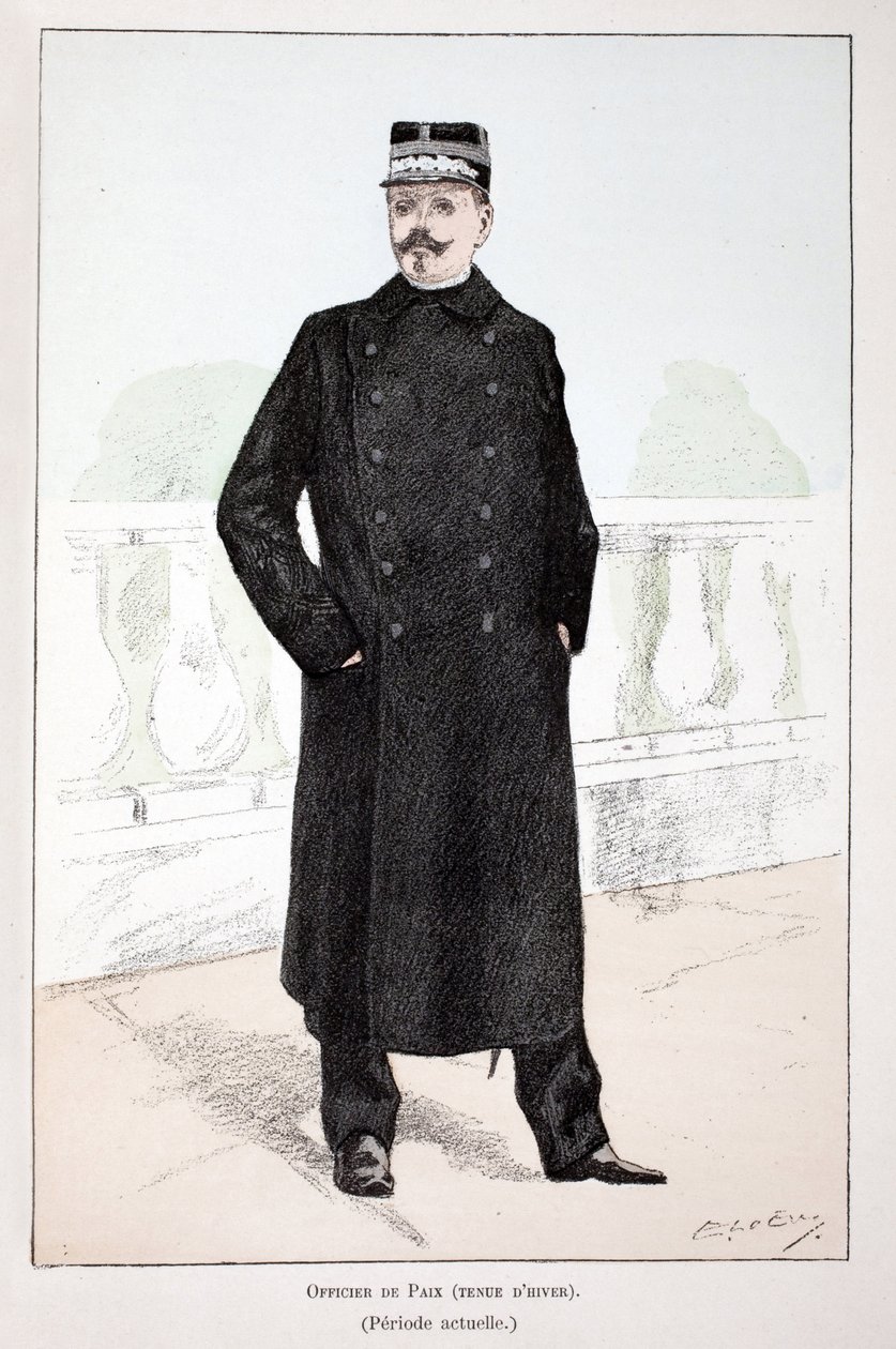 Fredsoffiser, vinterkjole (Lepinetiden). Etsning i farger, for illustrasjon "" Histoire du corps des gardes de la paix""" bok utgitt i regi av Louis Lepine (1846-1933), prefekt for politiet på Seinen, av Alfred Rey (1864-?) og Lou av Unknown artist