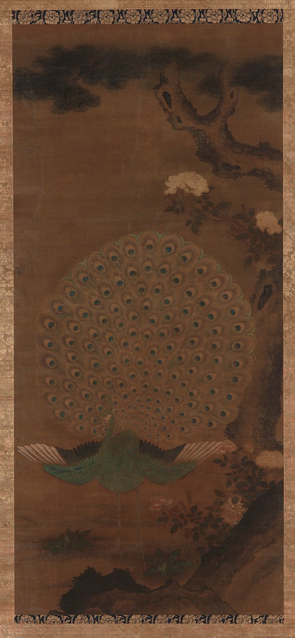 Påfugl, peoner og furu av Unknown artist