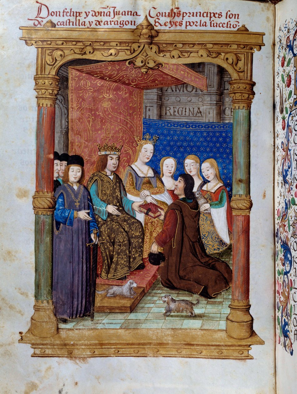 Pedro Marcuello presenterer boken sin for kong Philip I av Hasburg kjent som den vakre (1478-1506) og dronning Joan Iere the Folle av Castilla (1504-1555). Miniatyr i "" Andakt om dronningen Da Juana som de kalte den gale kvinnen"" av Pedro Marcuello av Unknown artist