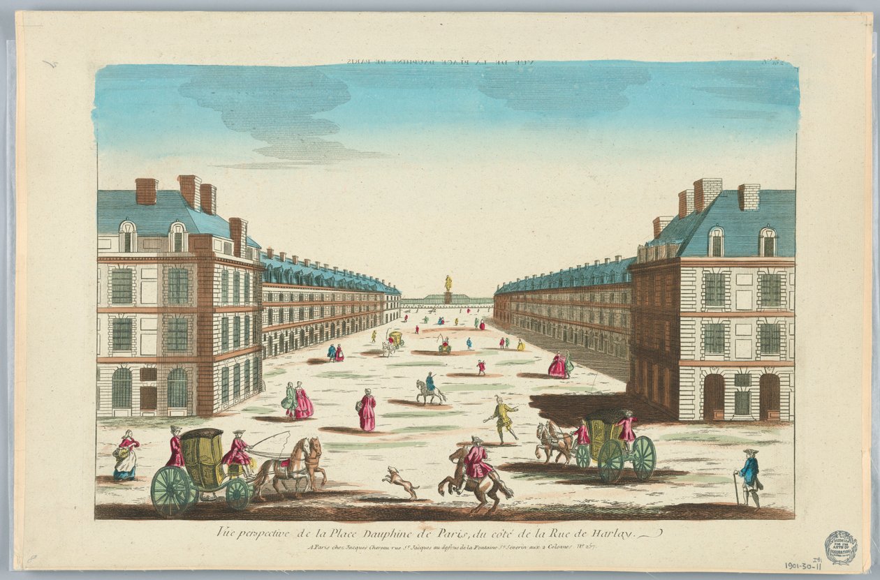 Peep-show, perspektivvisning av Place Dauphine i Paris, fra siden av Rue de Harlay, nr. 162 av Unknown artist