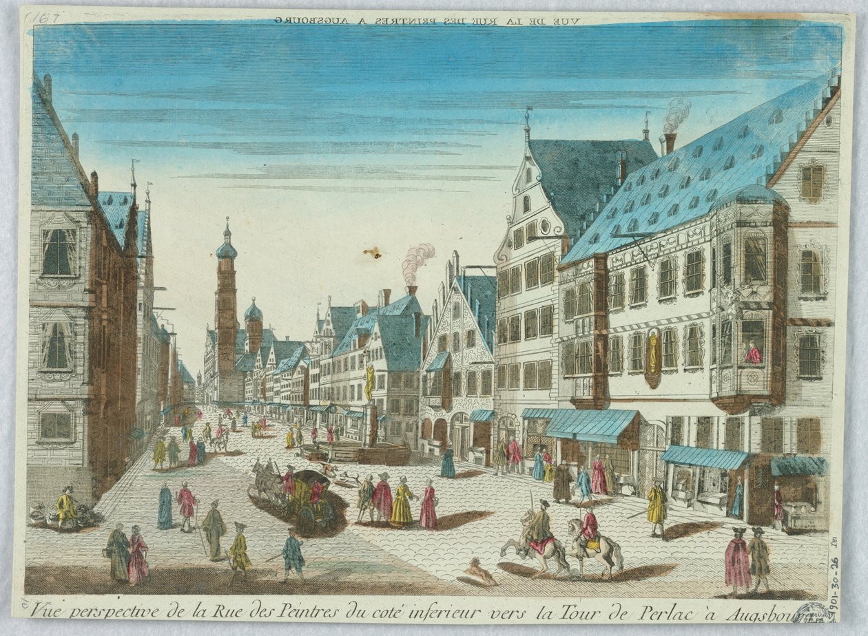 Peep-show, perspektivvisning av malergaten fra den nedre kysten mot Perlac-tårnet i Augsburg av Unknown artist