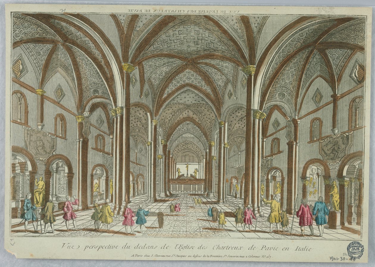 Peep-show, perspektivutsikt fra innsiden av den karteusiske kirken i Pavia i Italia av Unknown artist