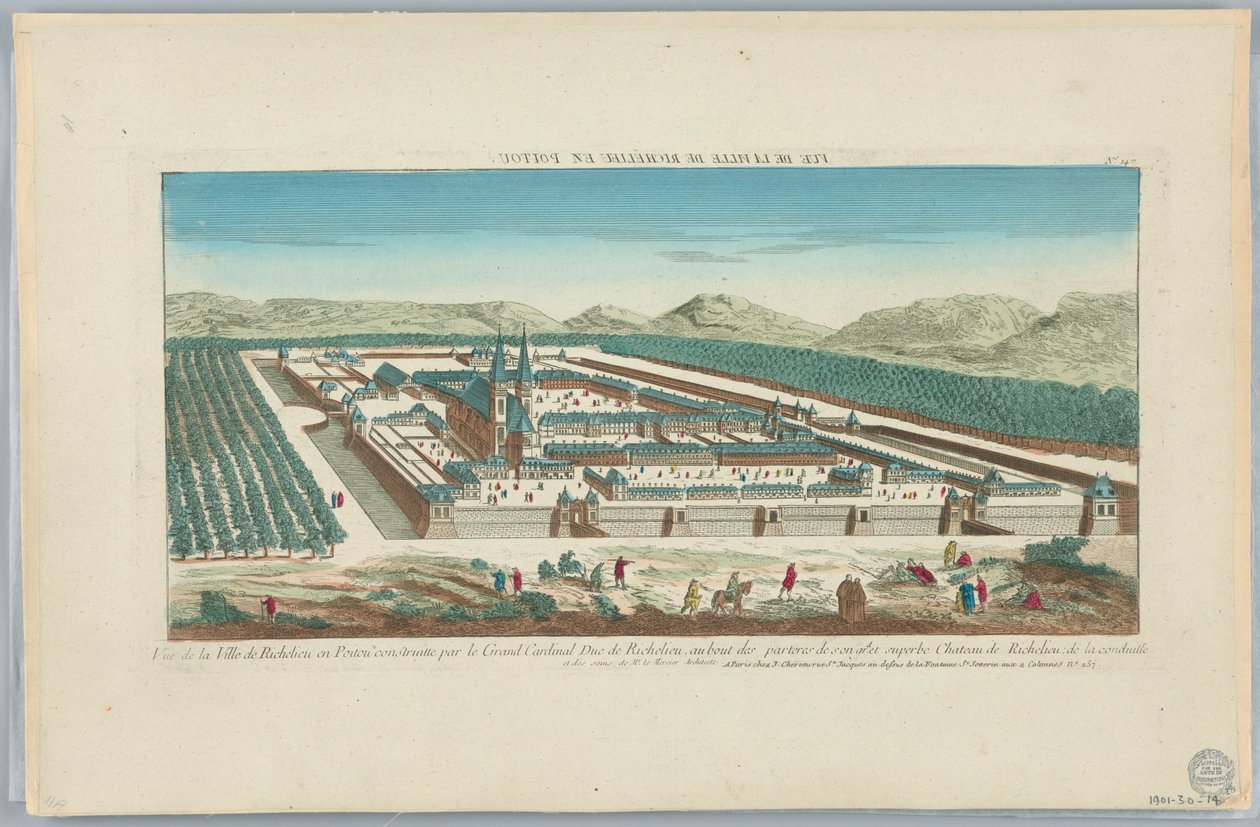Peep-show, utsikt over byen Richelieu i Poitou bygget av storkardinalhertugen av Richelieu, ved enden av Parteres de Sougid og Superb Chateau de Richelieu de la Conduitte, nr. 147 av Unknown artist
