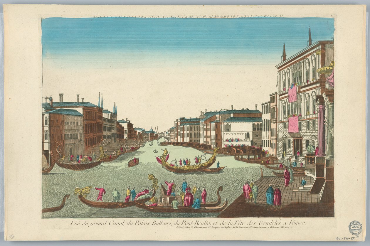 Peep-show, utsikt over Canal Grande, Balbori-palasset, Realto-broen og Condoles Festival i Venezia av Unknown artist