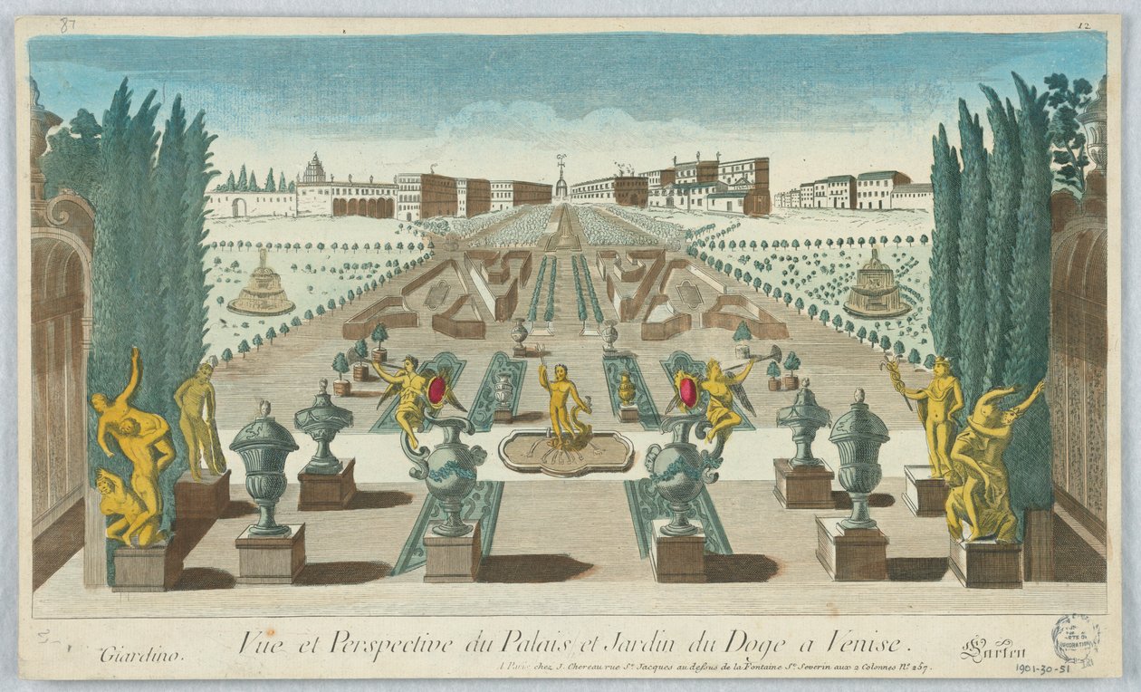 Peep-show, utsikt og perspektiv av Doges palass og hage i Venezia, Giardino, Gartea, 12 av Unknown artist