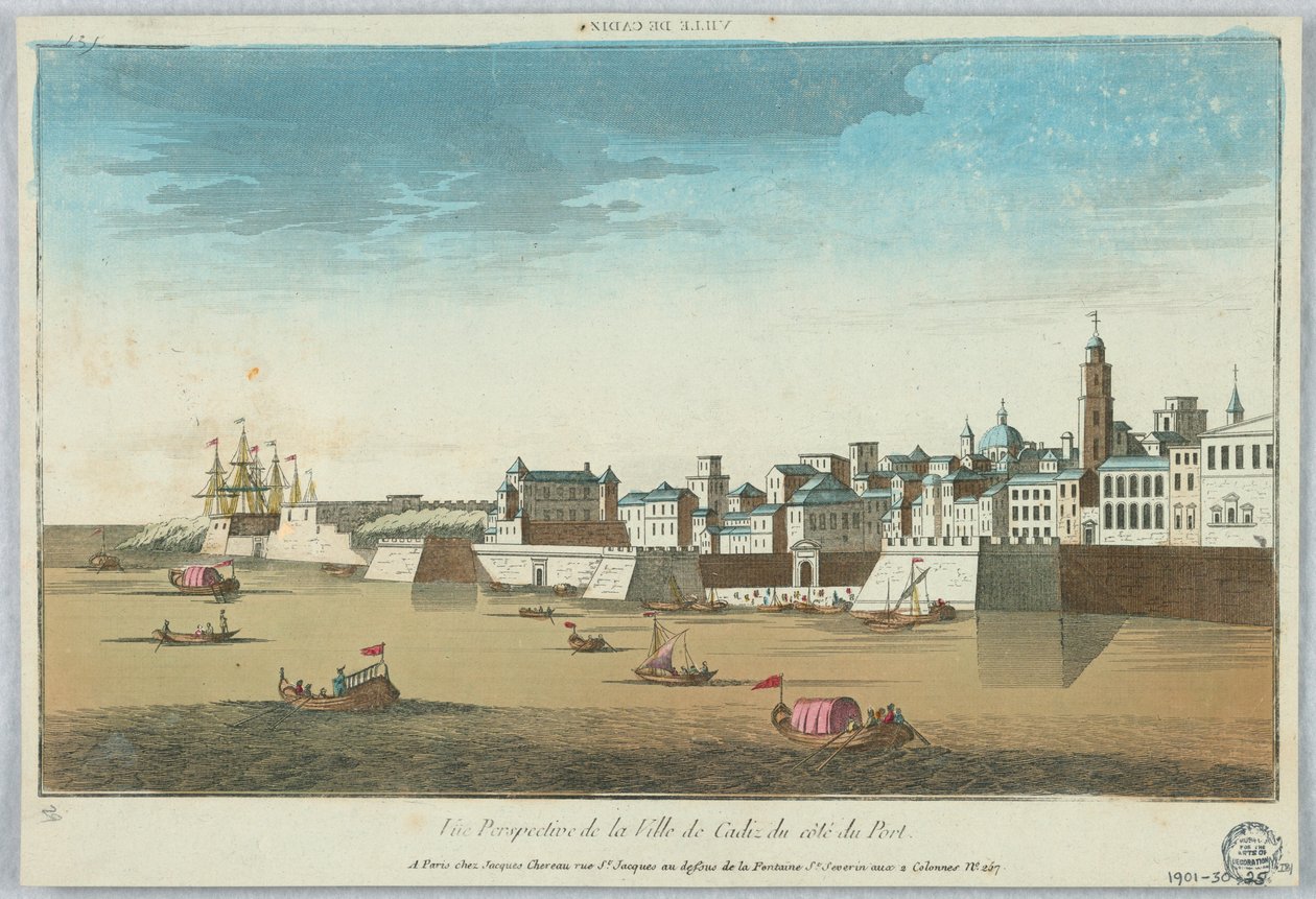 Peep-show, perspektivutsikt over byen Cadiz fra havnekysten av Unknown artist