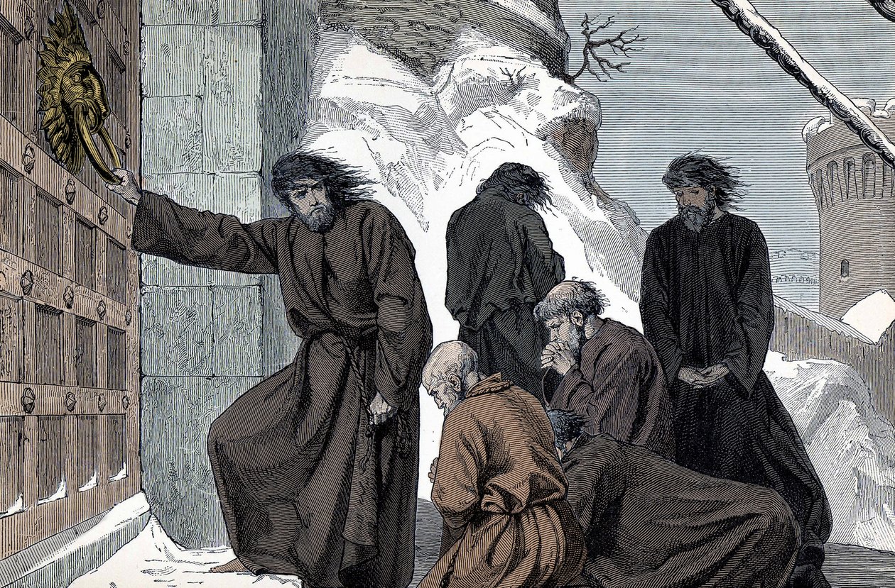 Bot til Henrik IV av Tyskland i Canossa - Den tyske keiser Henrik IV (1050 - 1106) a Canossa (Bod til den hellige romerske keiser Henrik IV, Canossa, Italia, januar 1077. Henrik står barbeint i snøen, iført hårskjorte , for å overtale P av Unknown artist