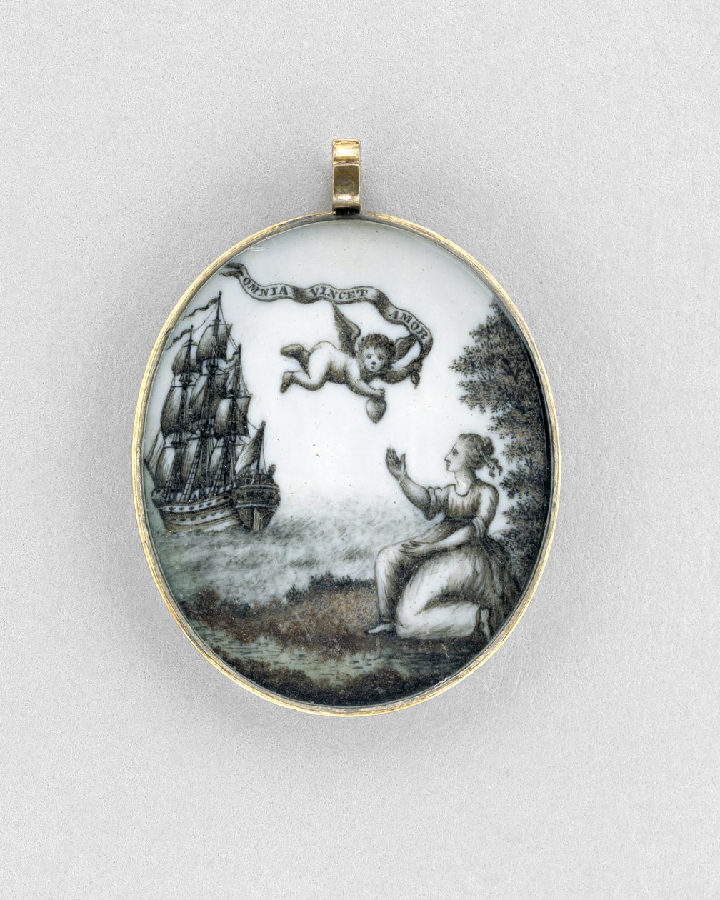 Anheng, ca. 1750 (sepia på elfenben, gull, hår og glass) av Unknown artist