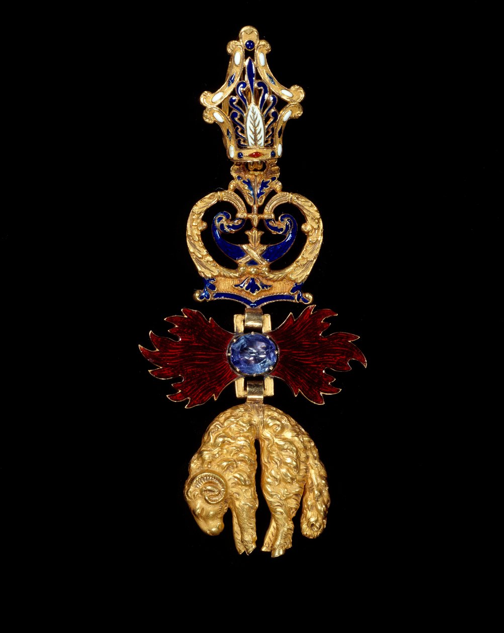 Anheng av ridderordenen av det gylne skinn grunnlagt av Philippe den gode, hertugen av Burgund i 1430. Det er en rest av belier og flammer. 1856 Paris, museum for Legion d