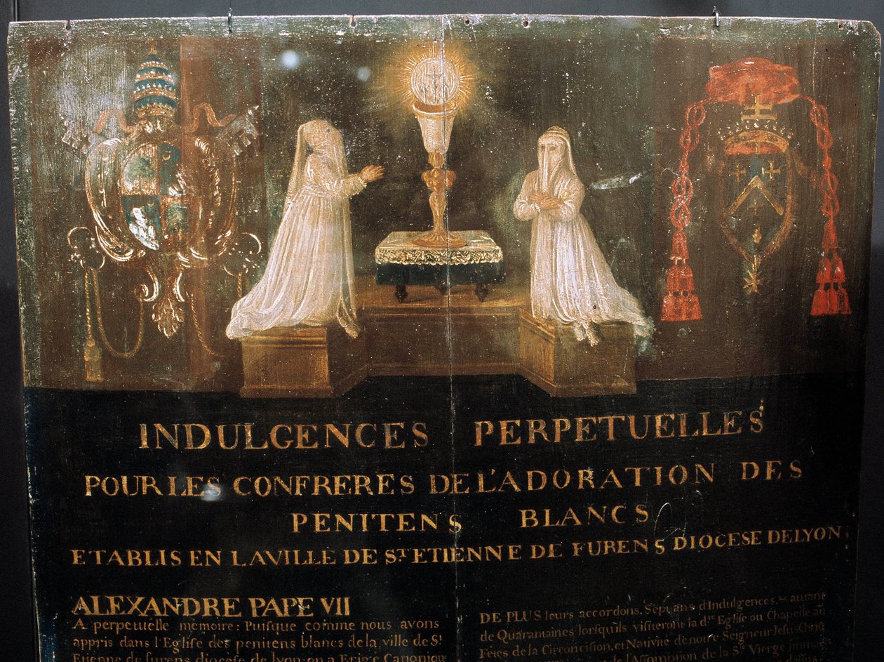 Evig avlat gitt av pave Alexander VII til medlemmer av Confrerie des Penitents Blancs i byen Saint Stephen rundt 1668. Maleri på tre. av Unknown artist