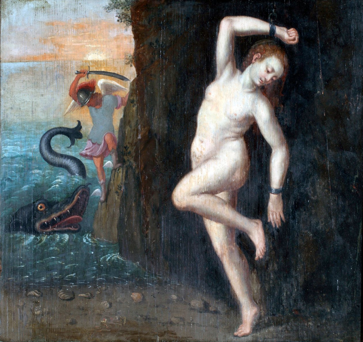 Persee et Andromede - Perseus og Andromeda par Anonymous, ca. 1600 - Olje på tre, 62x65,4 - Ptuj Ormo_ Regional Museum av Unknown artist