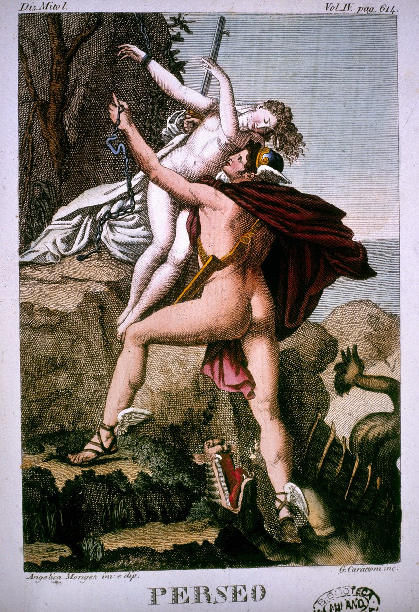 Perseus frigjør Andromeda - i Mythological Dictionary av Unknown artist