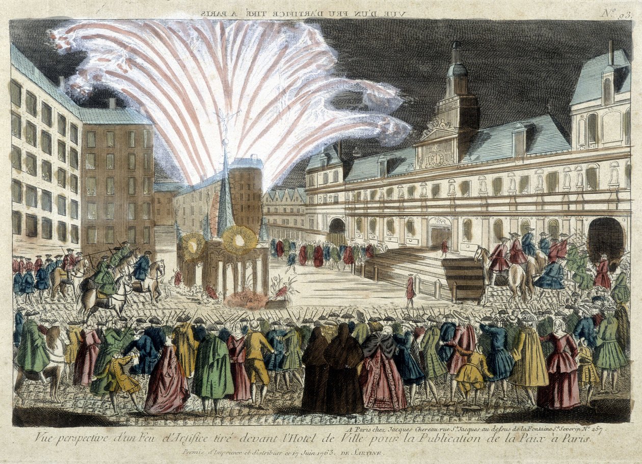 Perspektivvisning av et fyrverkeri foran Hôtel de Ville for utgivelsen av Peace in Paris av Unknown artist