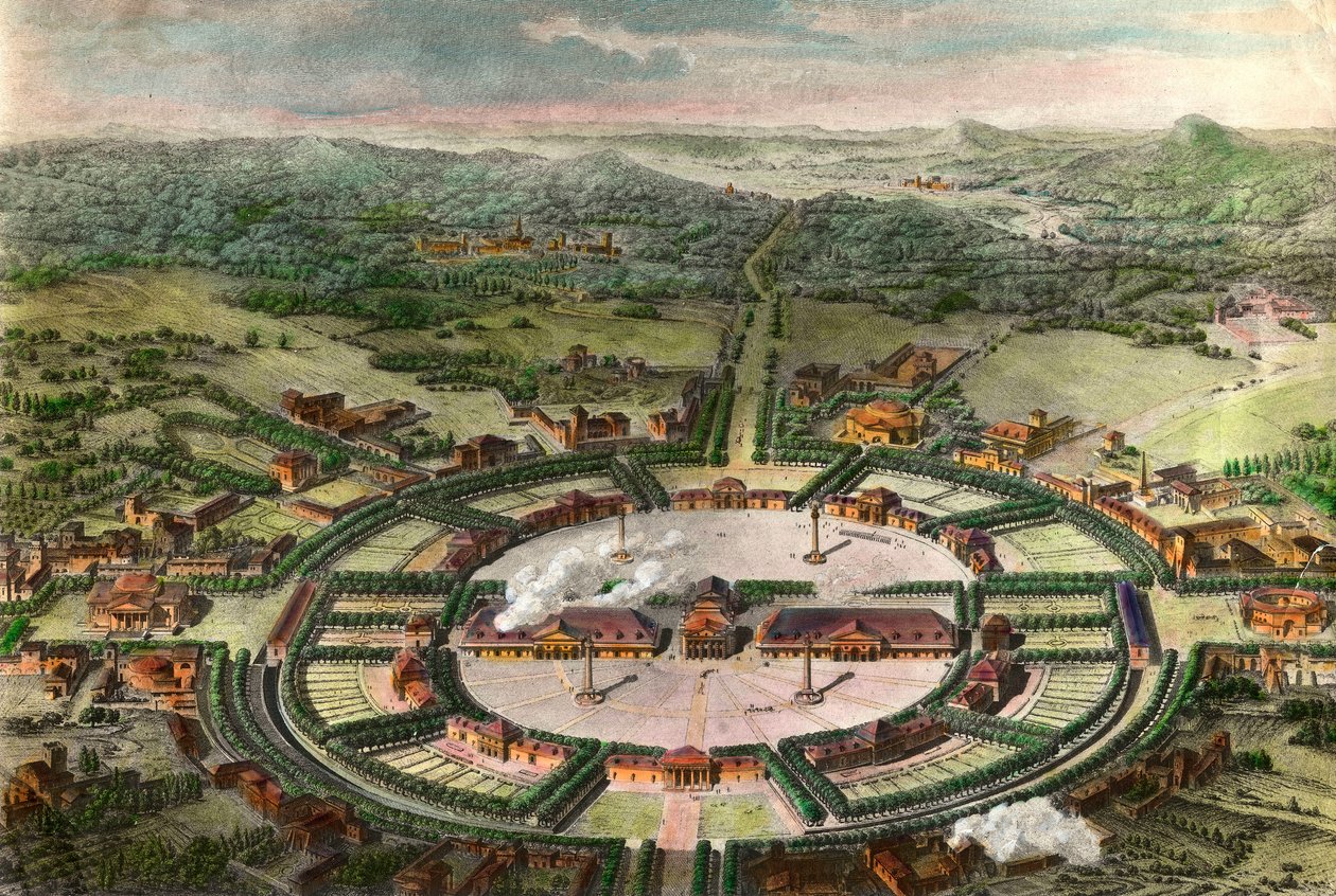 Perspektivutsikt over Royal Salts of Arc og Senans (Arc-et-Senans) nær Chaux bygget av Claude Nicolas Ledoux (1736-1806) i 1774. Gravering etter "Historien om fransk arkitektur, fra renessansen til revolusjonen" 1804 Privat samling av Unknown artist