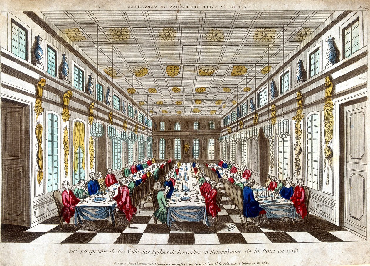 Perspektiv utsikt over Salle des Festins de Versailles i feiring av fred i 1763 mellom Storbritannia, Frankrike og Spania. av Unknown artist