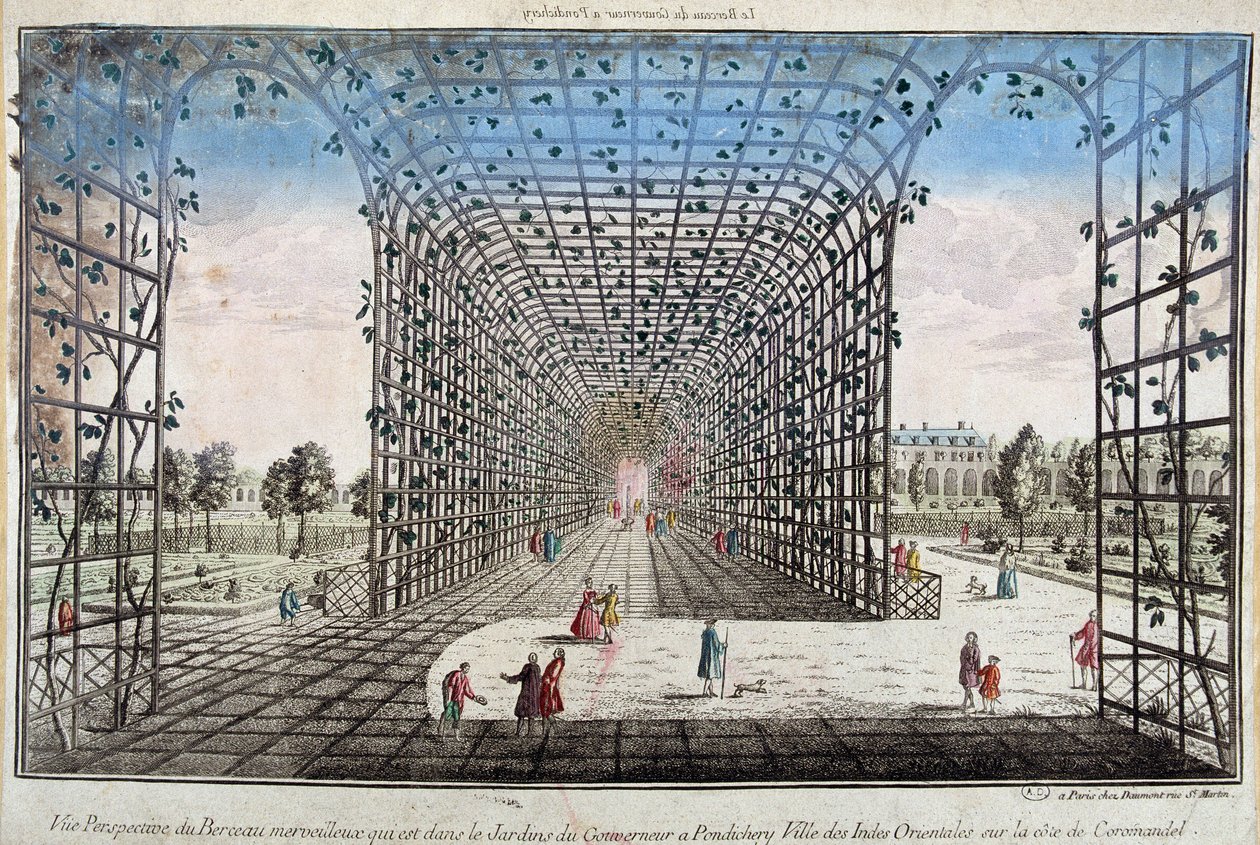 Perspektiv utsikt over den fantastiske vuggen som er i guvernørens hage i Pondicherry (Pondicherry), byen i Øst-India på kysten av Coromandel - gravering av Unknown artist