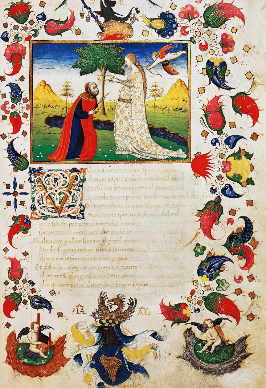 Petrarca truffet av Amors pil og iført laurbærkrone, introduksjon til sonetten Du som hører lyd, i spredte rim, fra Trionfi av Francesco Petrarca (1304-1374), belyst side fra 1400-tallets manuskript av Unknown artist