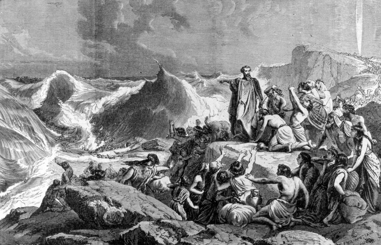 Farao senket i Rødehavet. 1800-talls gravering. av Unknown artist