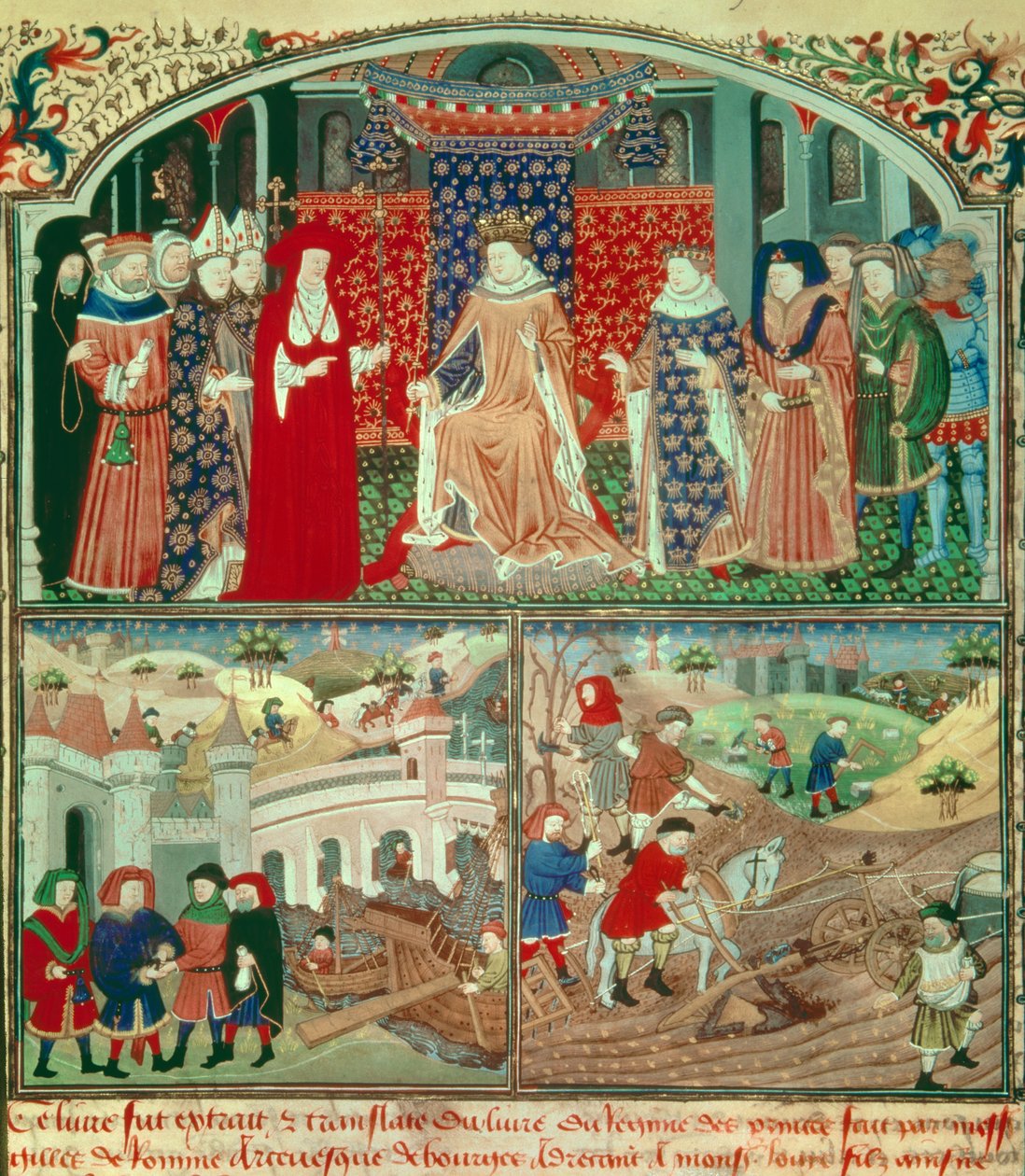 Philippe the Bel trunant (1268-1314) med pløyescene og handelsscene. Miniatyr i "" Livre du régime des princes"" av Gilles de Rome (v.1247-1316), Paris, B N av Unknown artist