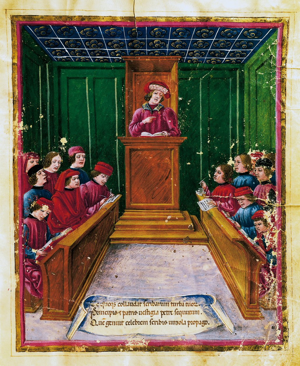 Pietro da Unzola foreleser fra juridisk tekst til elever under jussforelesning ved universitetet i Bologna, miniatyr fra Liber iurium et privilegiorum notariorum Bononiae-manuskript, Italia av Unknown artist