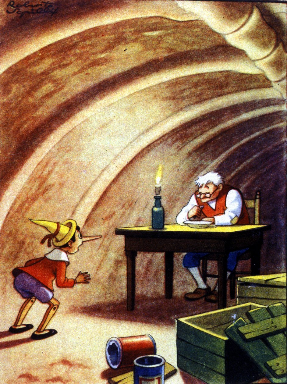 Pinocchio finner faren sin i bukhulen til en stor fisk. Illustrasjon av Carlo Collodis fortelling. av Unknown artist