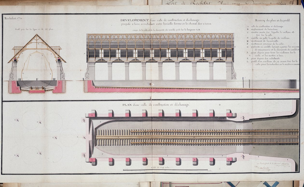 Plan over en bygning og grunnstøting av havnen i Rochefort av Unknown artist