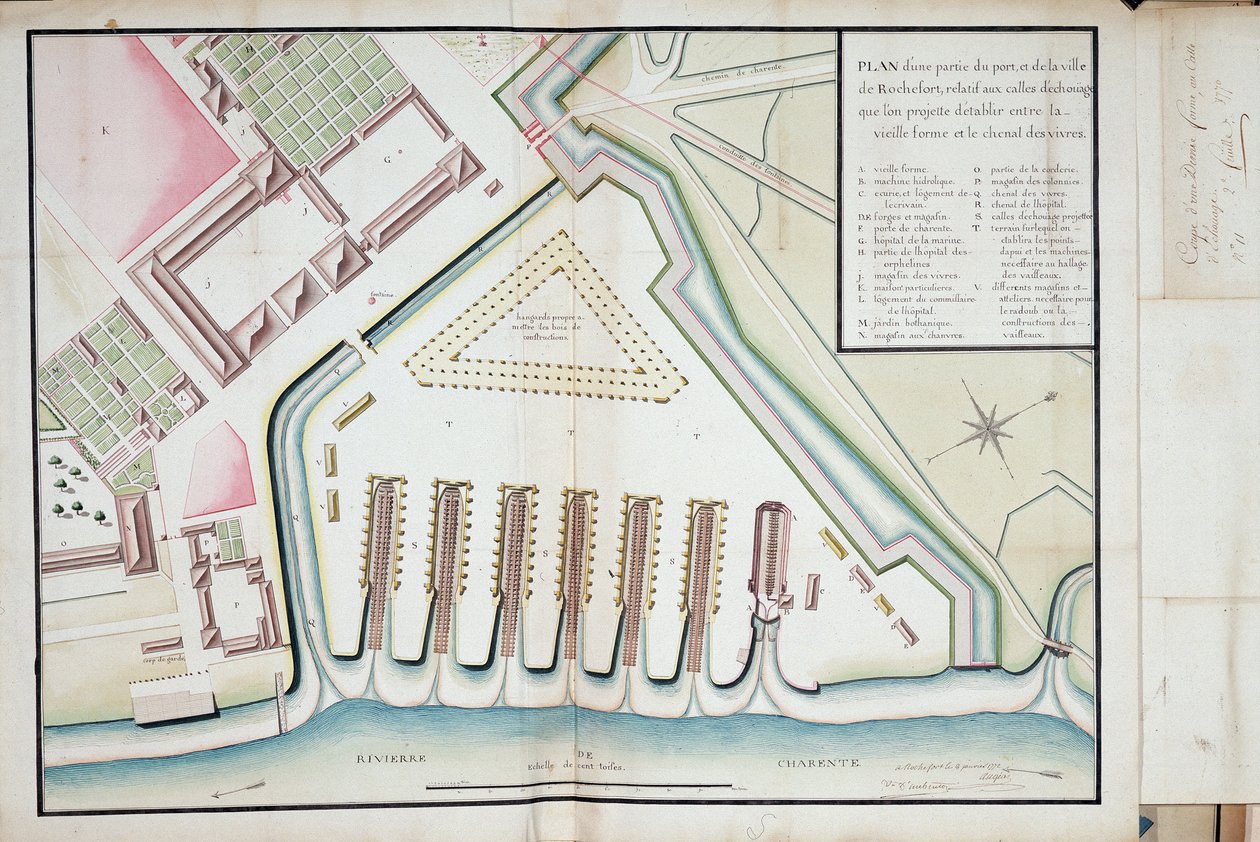 Plan for en del av havnen og byen Rochefort knyttet til de foreslåtte strandingssporene mellom den gamle formen og matkanalen av Unknown artist