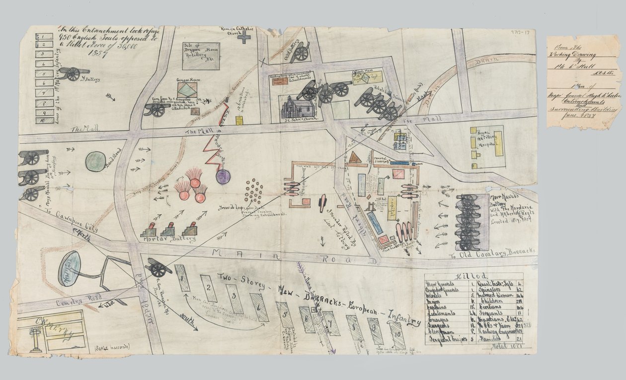 Plan over forankringene i Cawnpore, juni 1857 (papir) av Unknown artist
